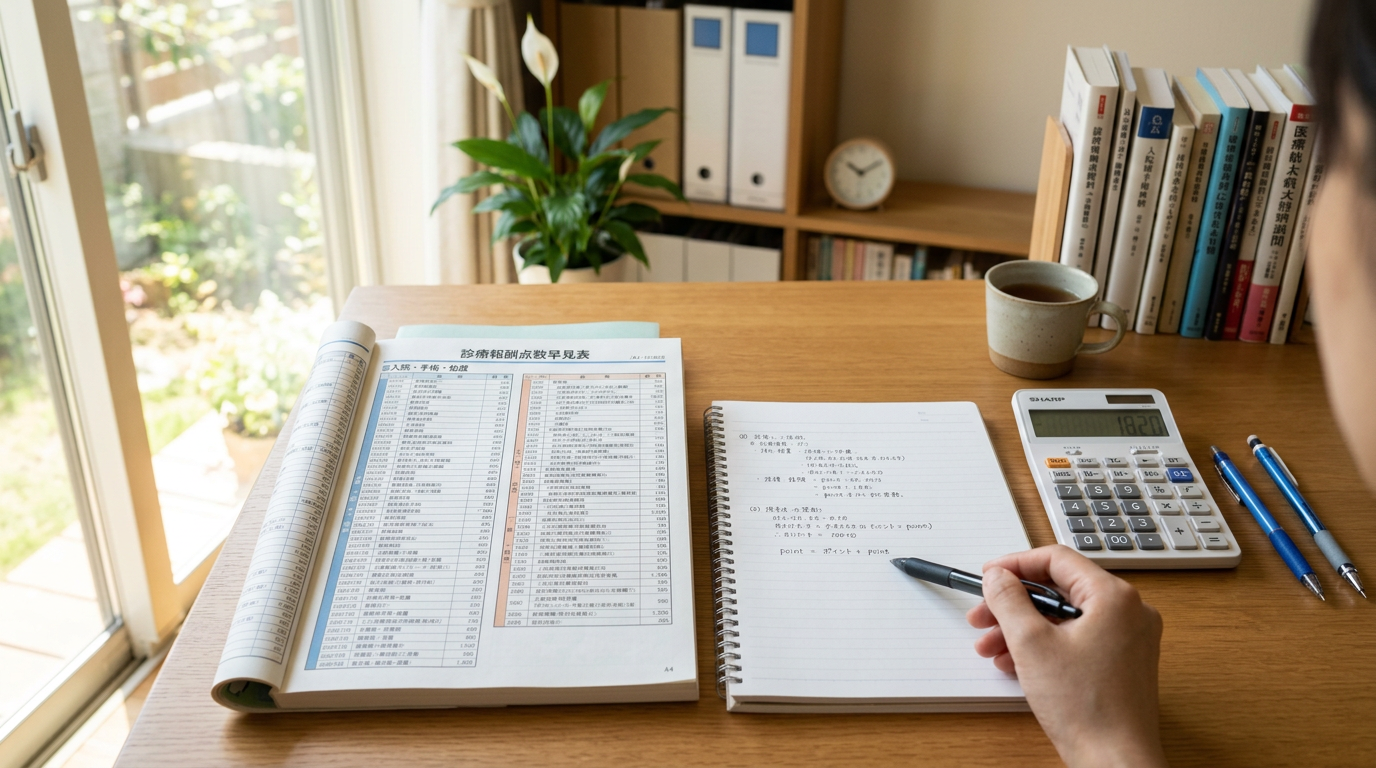 Person calculating medical costs beside reference documents, notes, and calculator